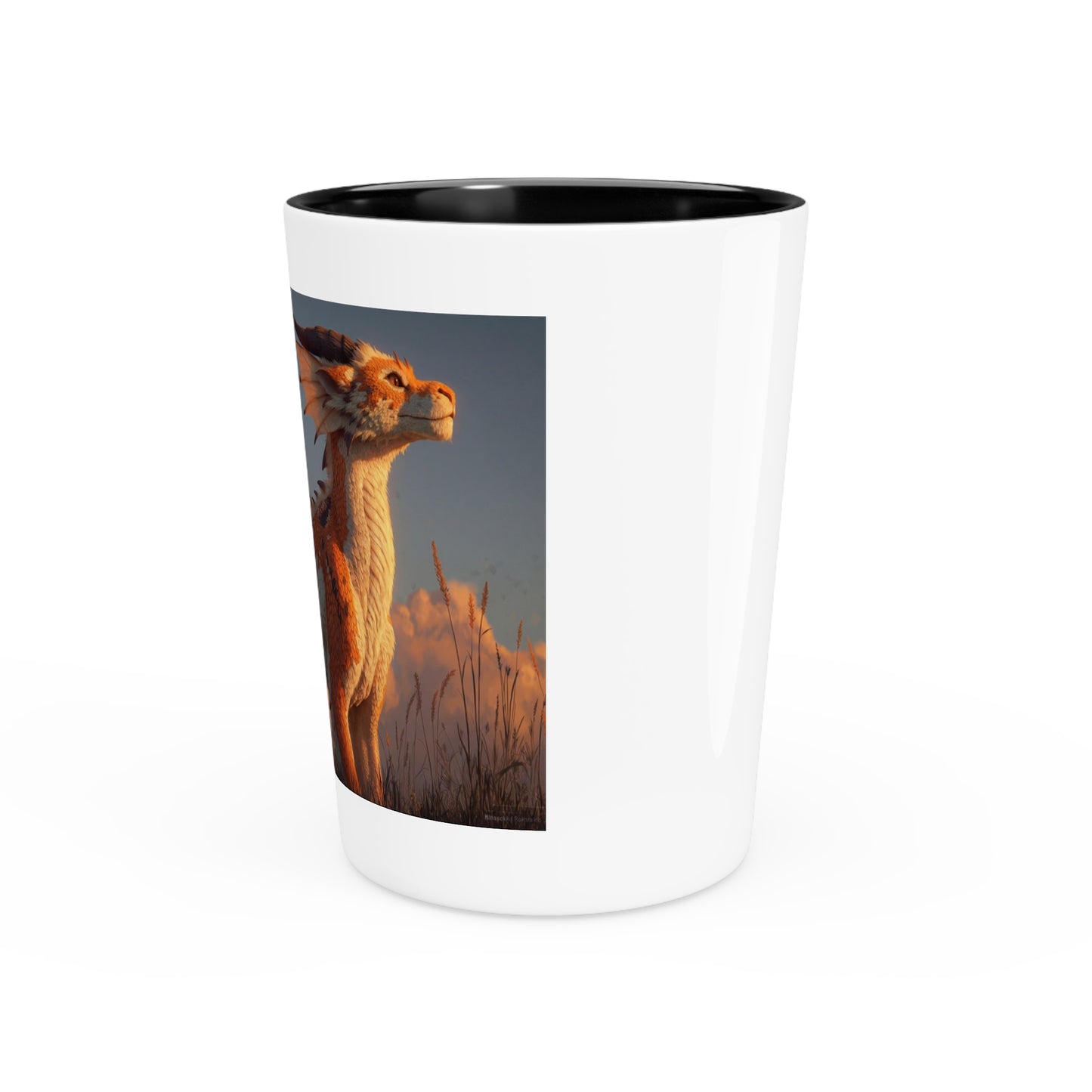 Sunset Sentinel Shot Glass – Amber Dragon in Golden Grasslands