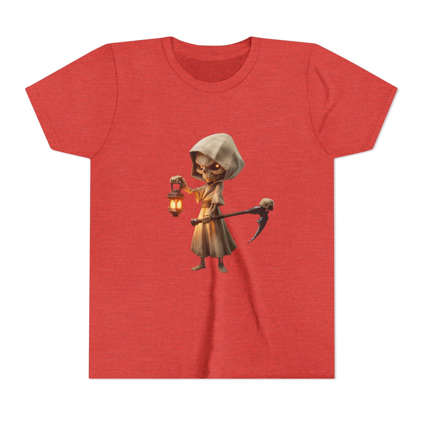 Lantern-Bearing Skeleton Youth Short Sleeve Tee – Hooded Reaper with Scythe