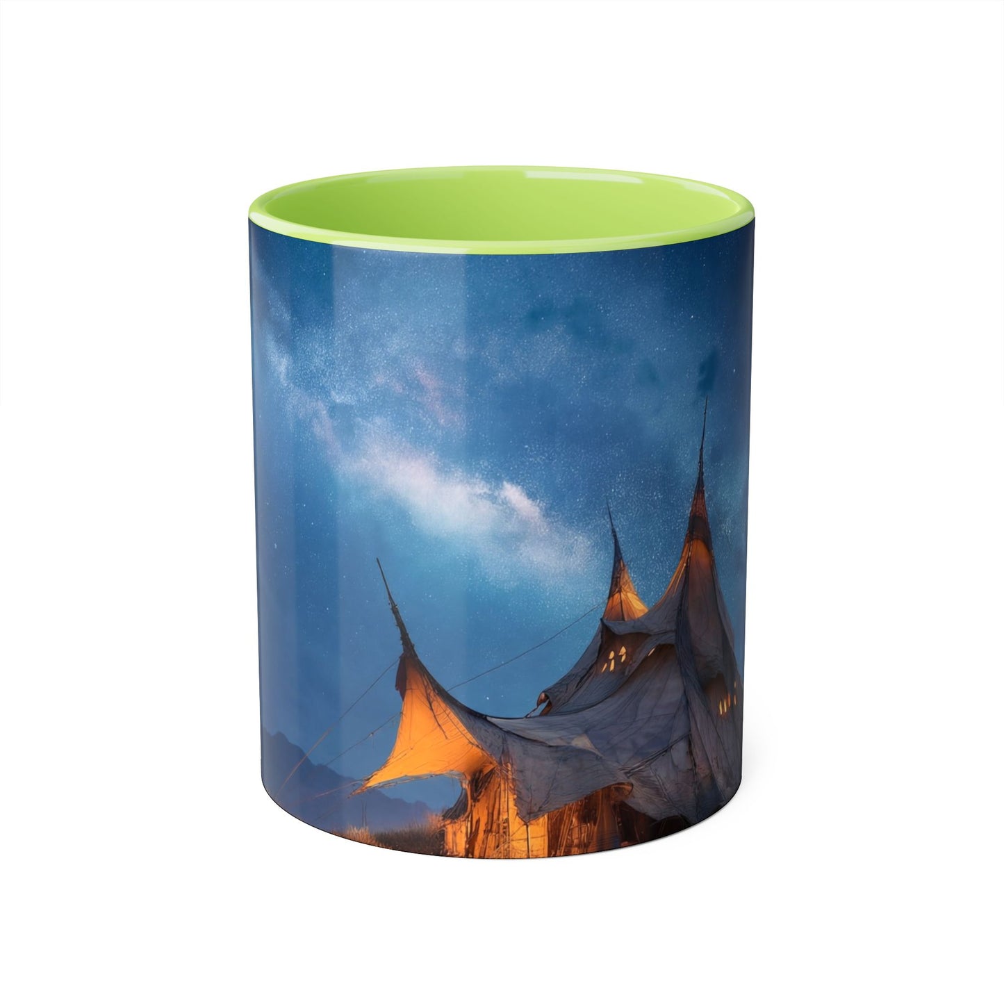 Starlit Nomad Tent Accent Mugs, 11oz – Golden Spire Camp Under Milky Way