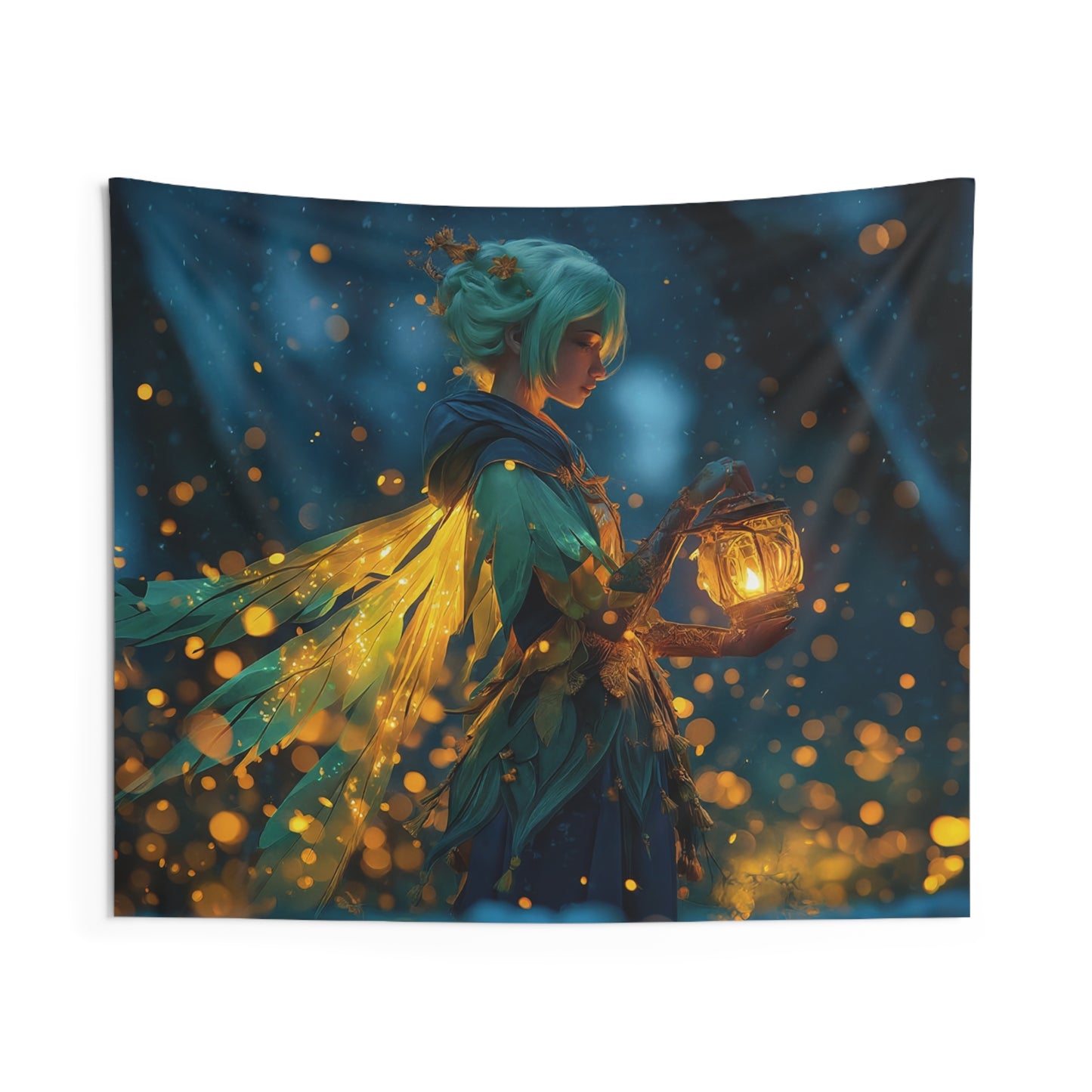 Forest Guardian with Lantern Indoor Wall Tapestries – Whispering Glow in Twilight Woods