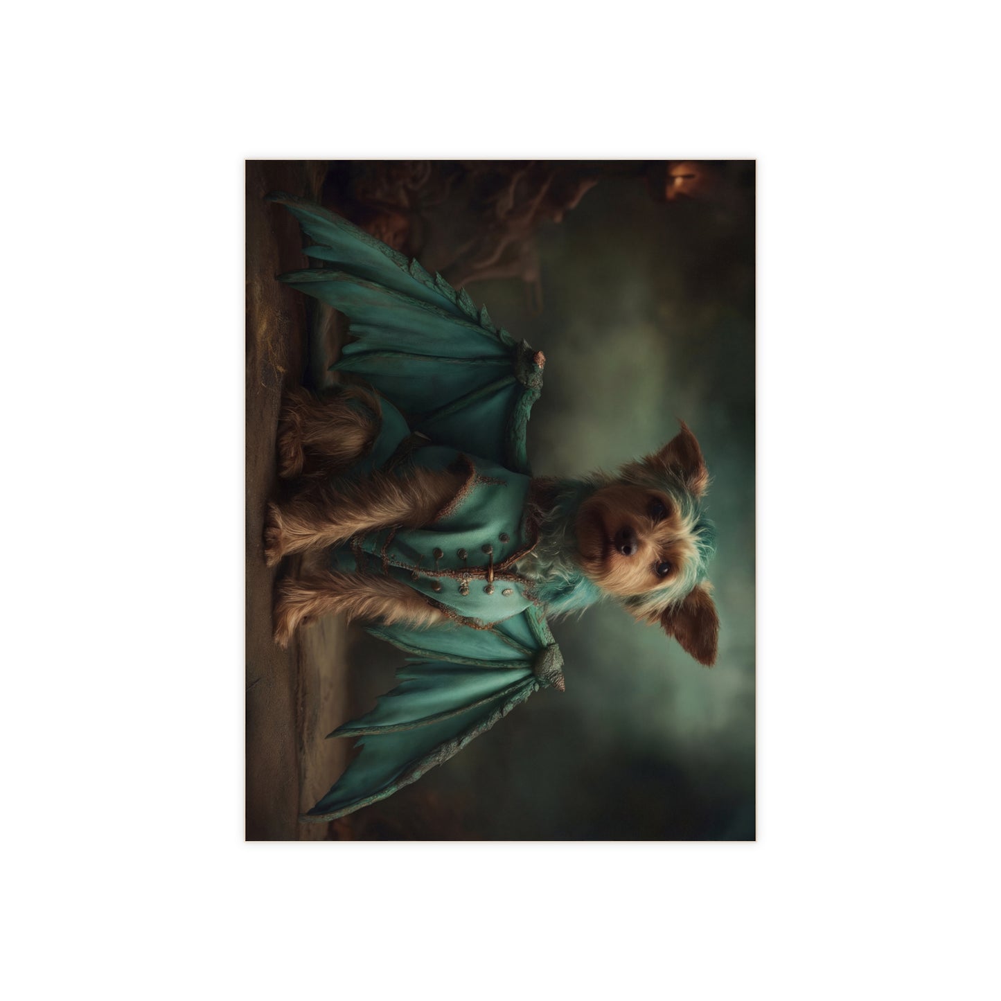 Dragon-Dressed Yorkshire Terrier Ceramic Photo Tile – Emerald Winged Guardian