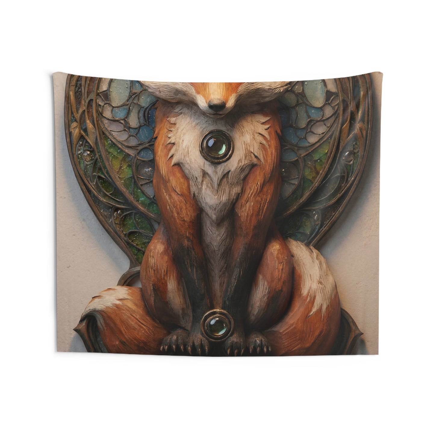 Fox Sentinel Wall Tapestry – Stained Glass Guardian in Warm Amber Light