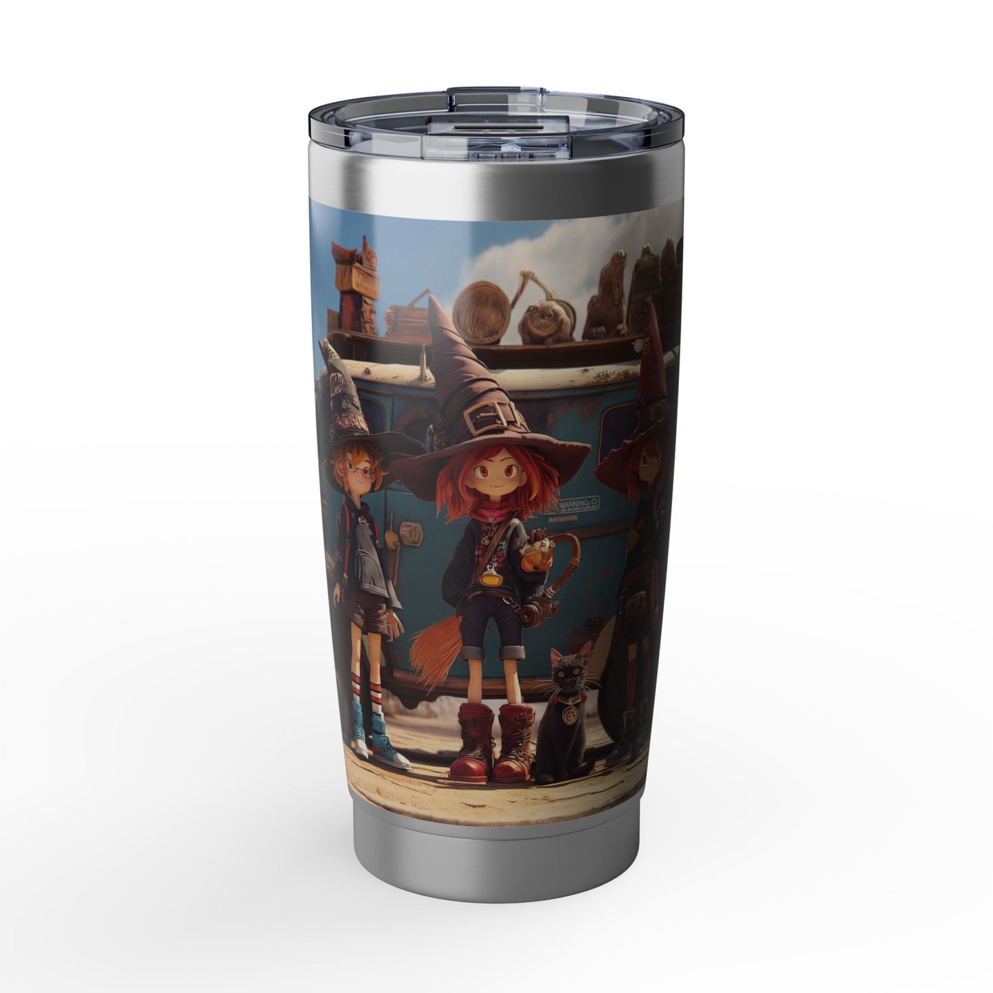 Witch Roadtrip Vagabond 20oz Tumbler – Three Wands & a Cat in Sun-Dappled Dust
