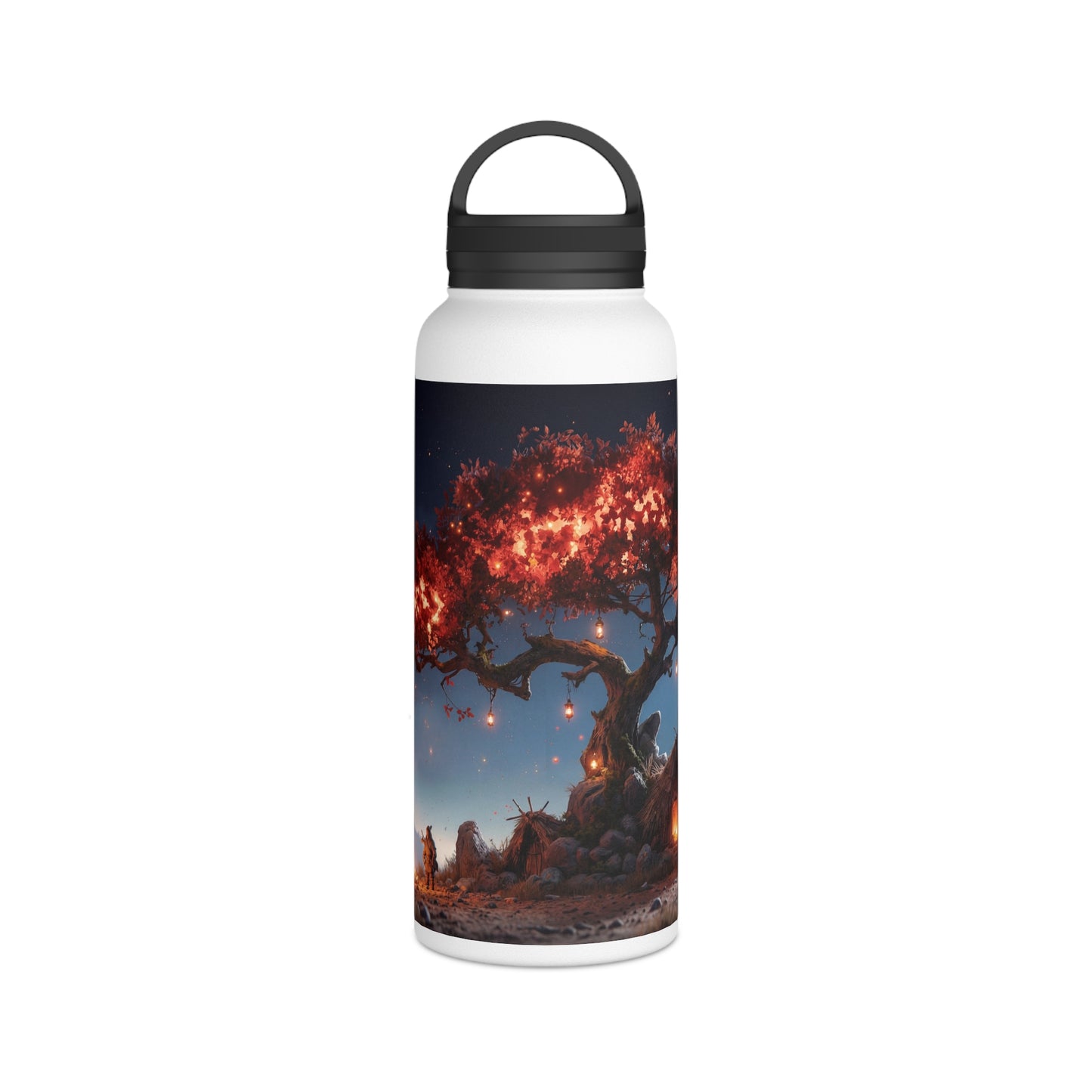 Whispering Flame Tree Stainless Steel Water Bottle, Handle Lid – Moonlit Campfire Sanctuary