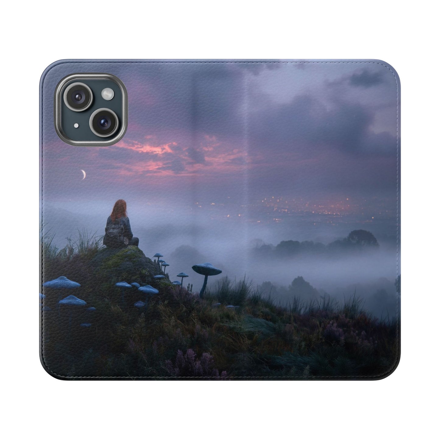 Misty Hilltop Flip Cases – Red-Haired Wanderer at Twilight