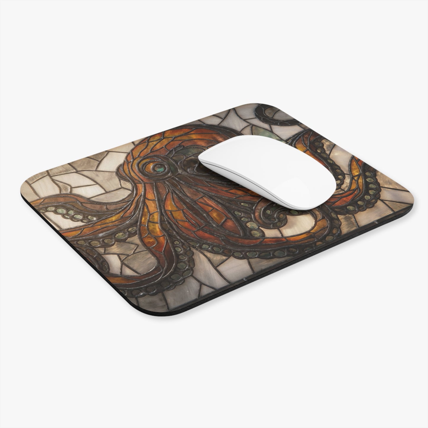 Stained Glass Octopus Mouse Pad (Rectangle) – Amber Tentacle Dreamscape