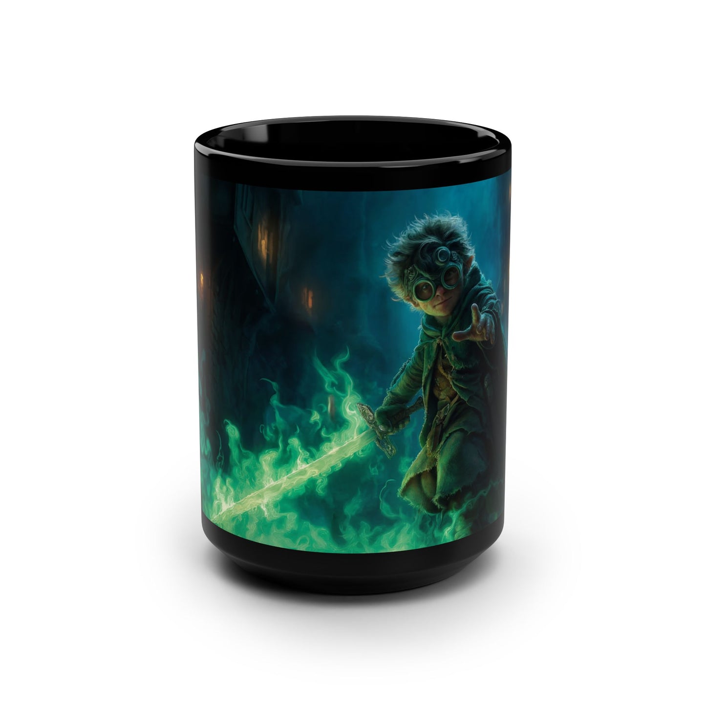 Gnome Guardian Black Mug, 15oz – Green Phosphor Blade Sentinel