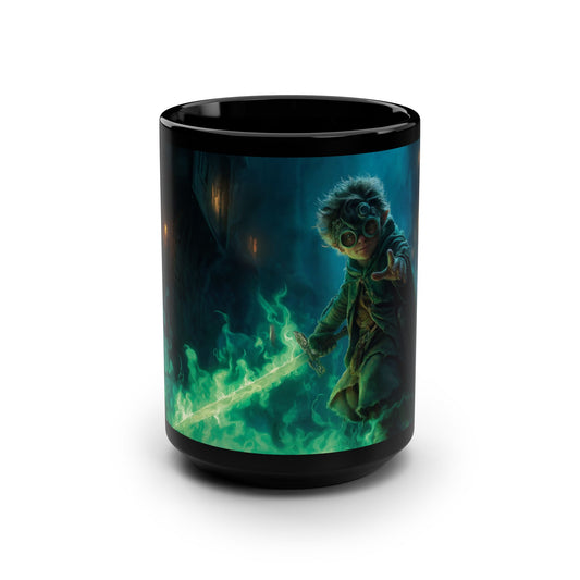 Gnome Guardian Black Mug, 15oz – Green Phosphor Blade Sentinel