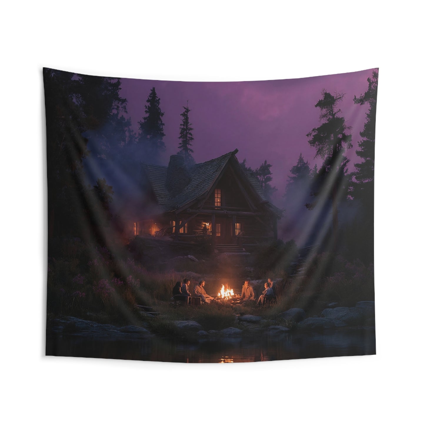 Whispering Pines Cabin Tapestry – Twilight Gathering by the River