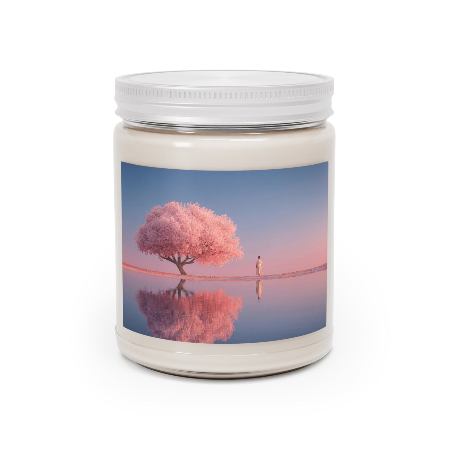 Solitary Pink Sakura Tree Scented Soy Candles with White Lid, 9oz – Twilight’s Quiet Reflection