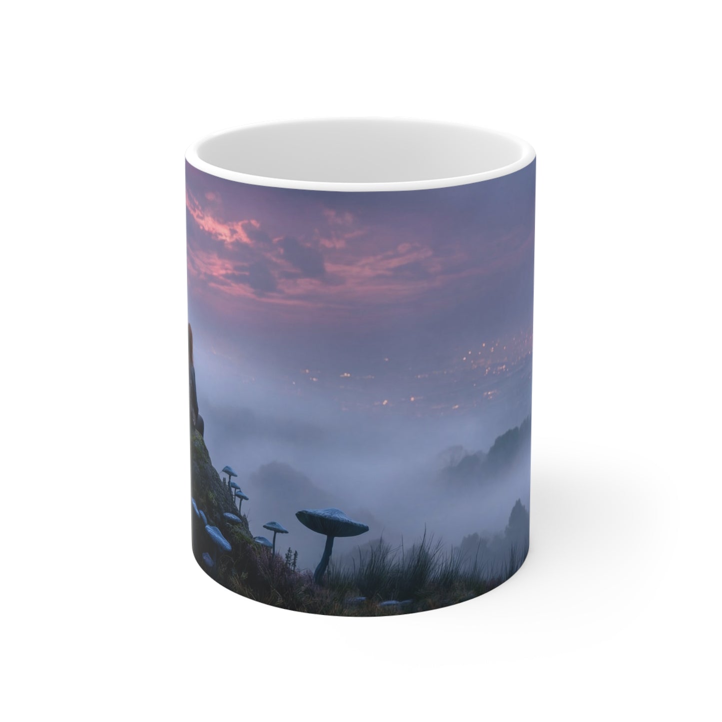 Twilight Sentinel Ceramic Mugs (11oz\15oz\20oz) – Moonlit Peak and Misty Cityscape