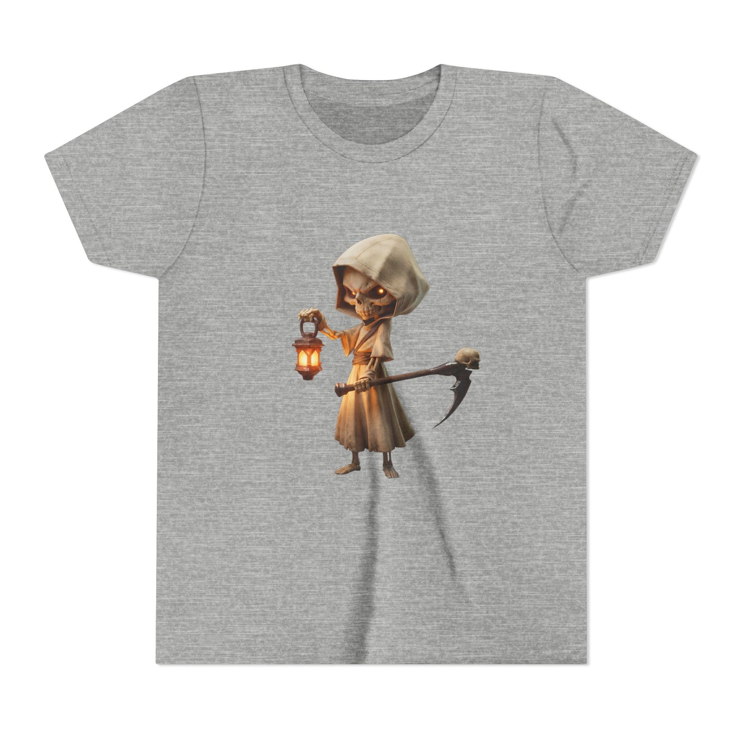 Lantern-Bearing Skeleton Youth Short Sleeve Tee – Hooded Reaper with Scythe