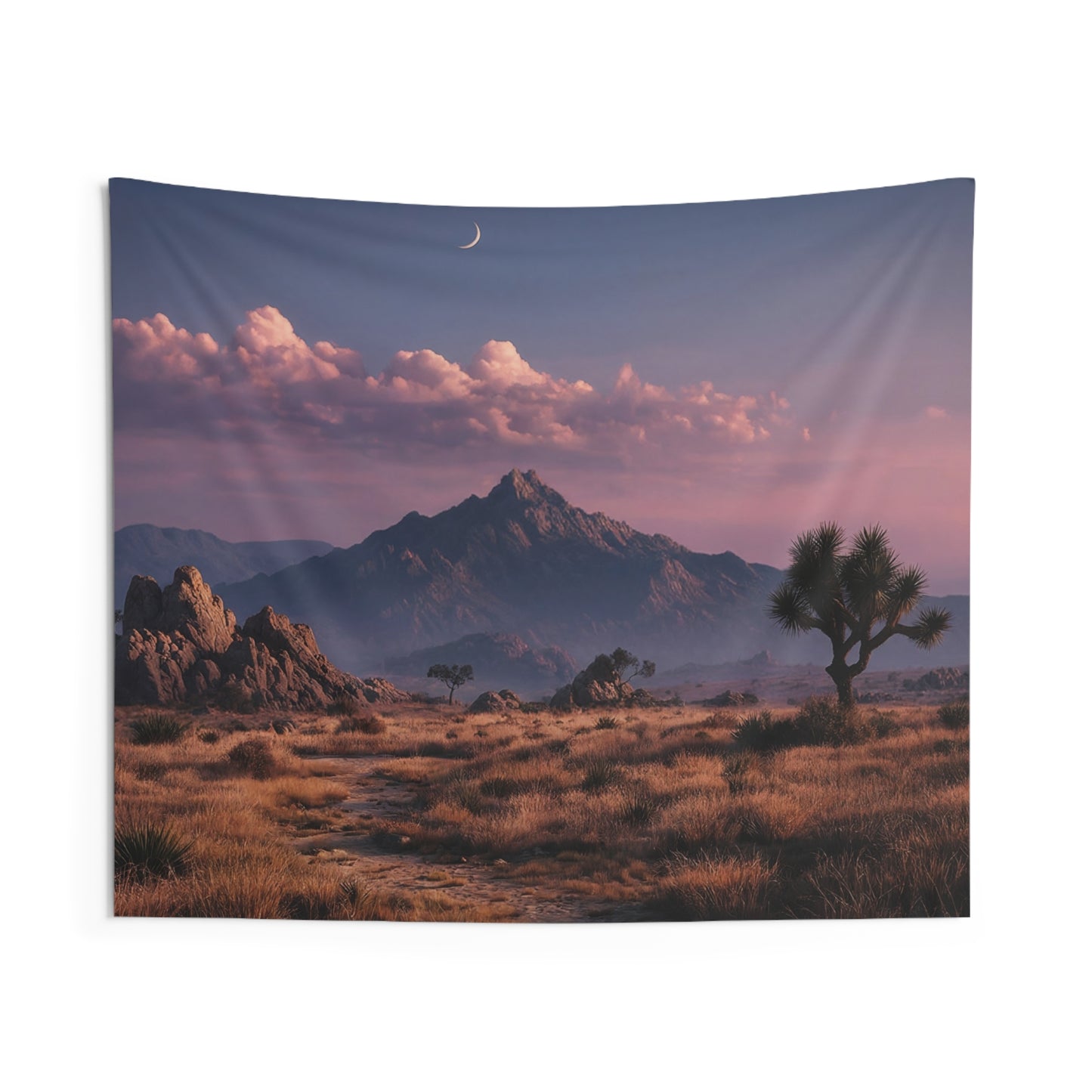 Desert Moonrise Wall Tapestry – Whispering Path Through Joshua Tree Canyon