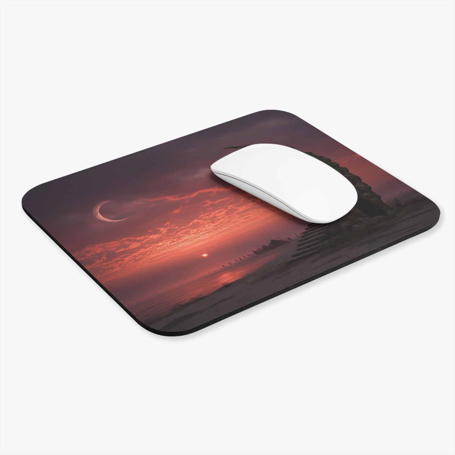 Lone Traveler Ascending Staircase Mouse Pad – Crimson Twilight Odyssey