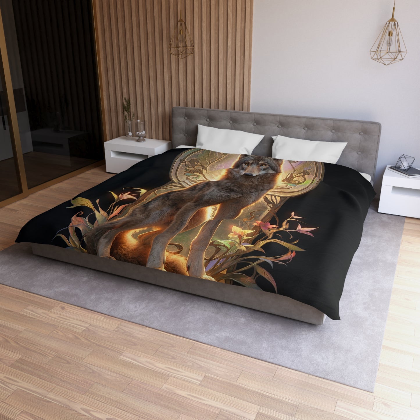 Regal Wolf Throne Duvet Cover – Golden Light Through Art Nouveau Arch
