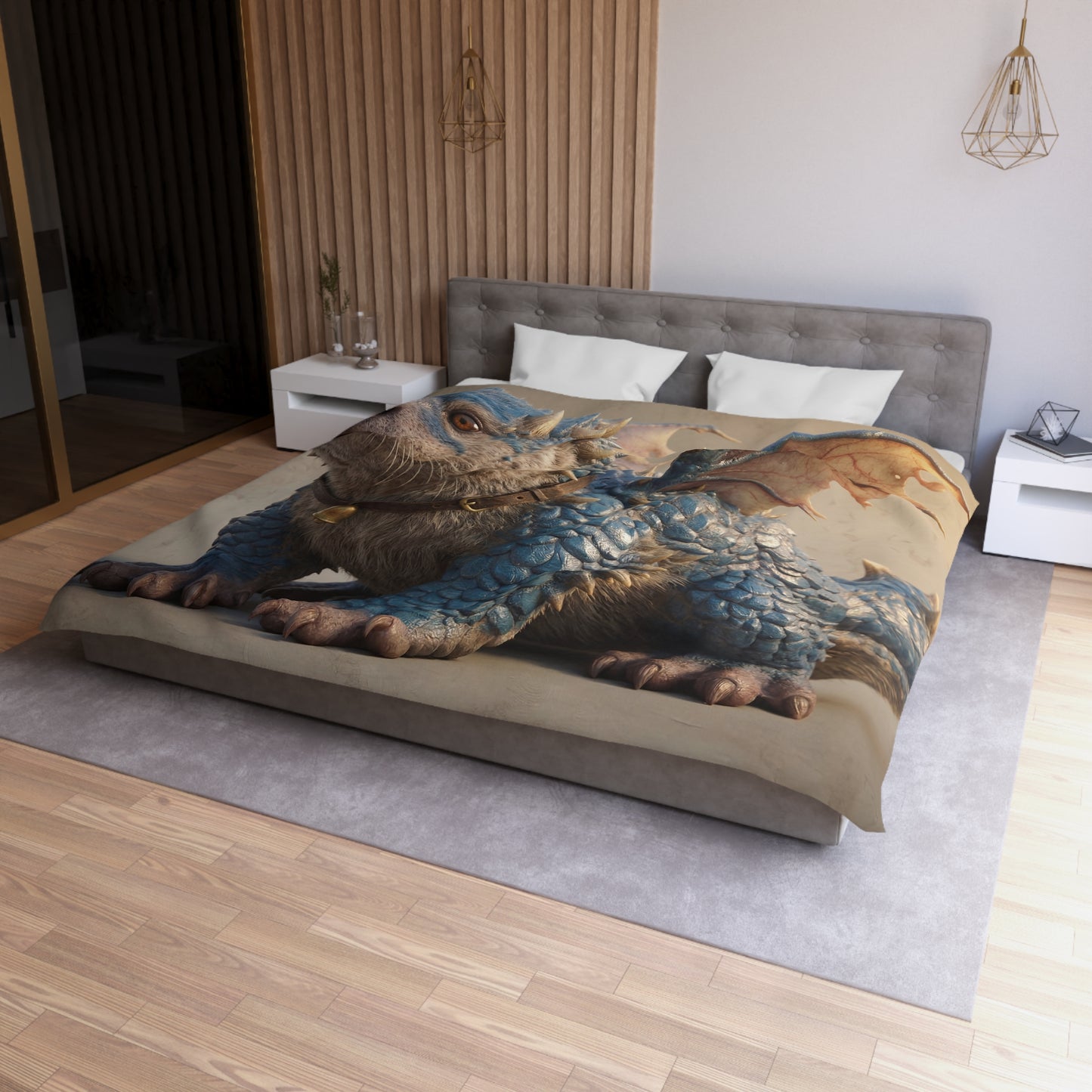 Azure Dragon Otter Microfiber Duvet Cover – Whimsical Guardian with Winged Grace