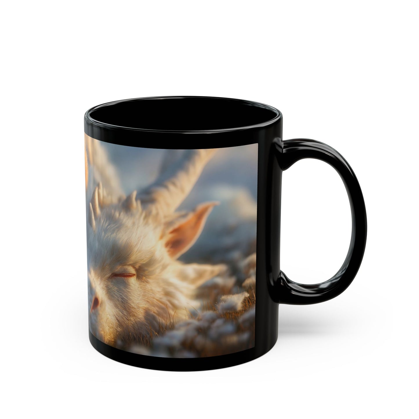 Winter’s Quiet Companion Black Mug – Snowdrift Embrace with Frost-Scaled Dragon