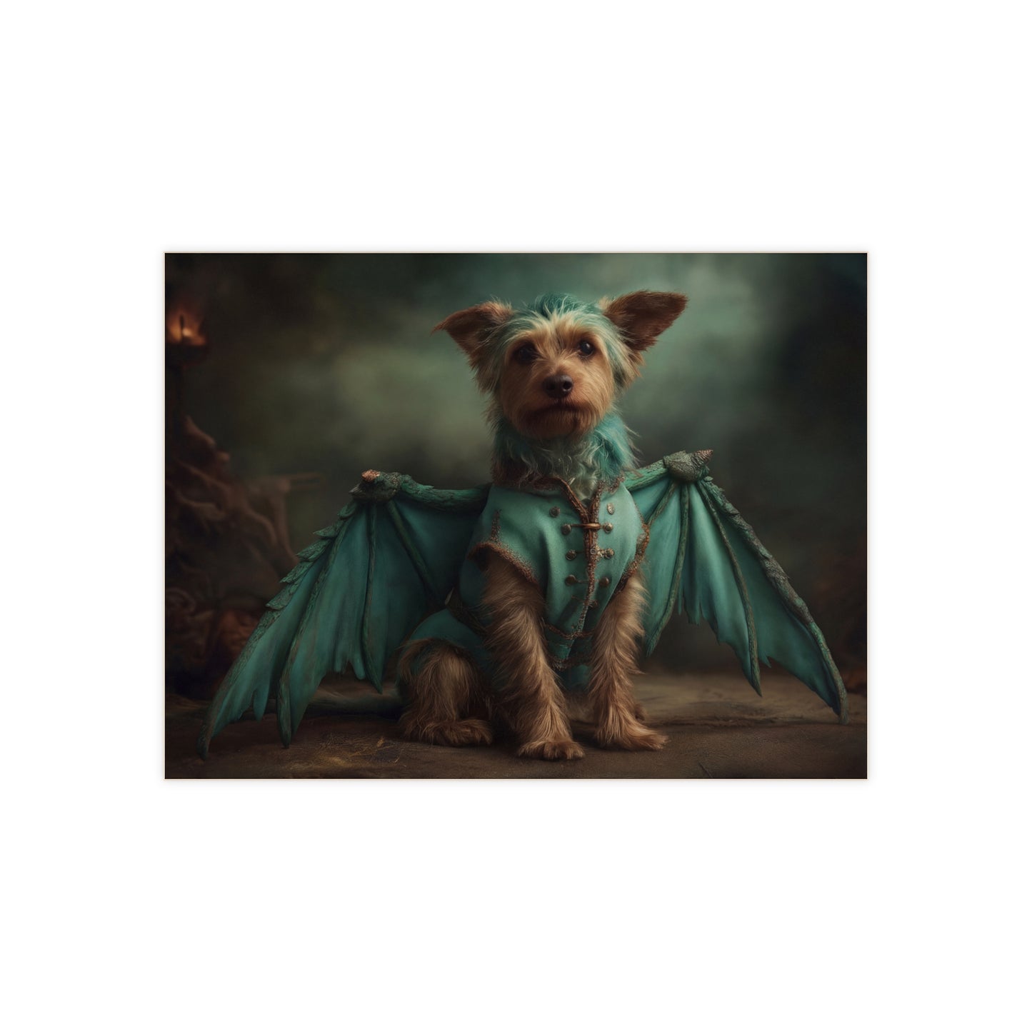 Dragon-Dressed Yorkshire Terrier Ceramic Photo Tile – Emerald Winged Guardian