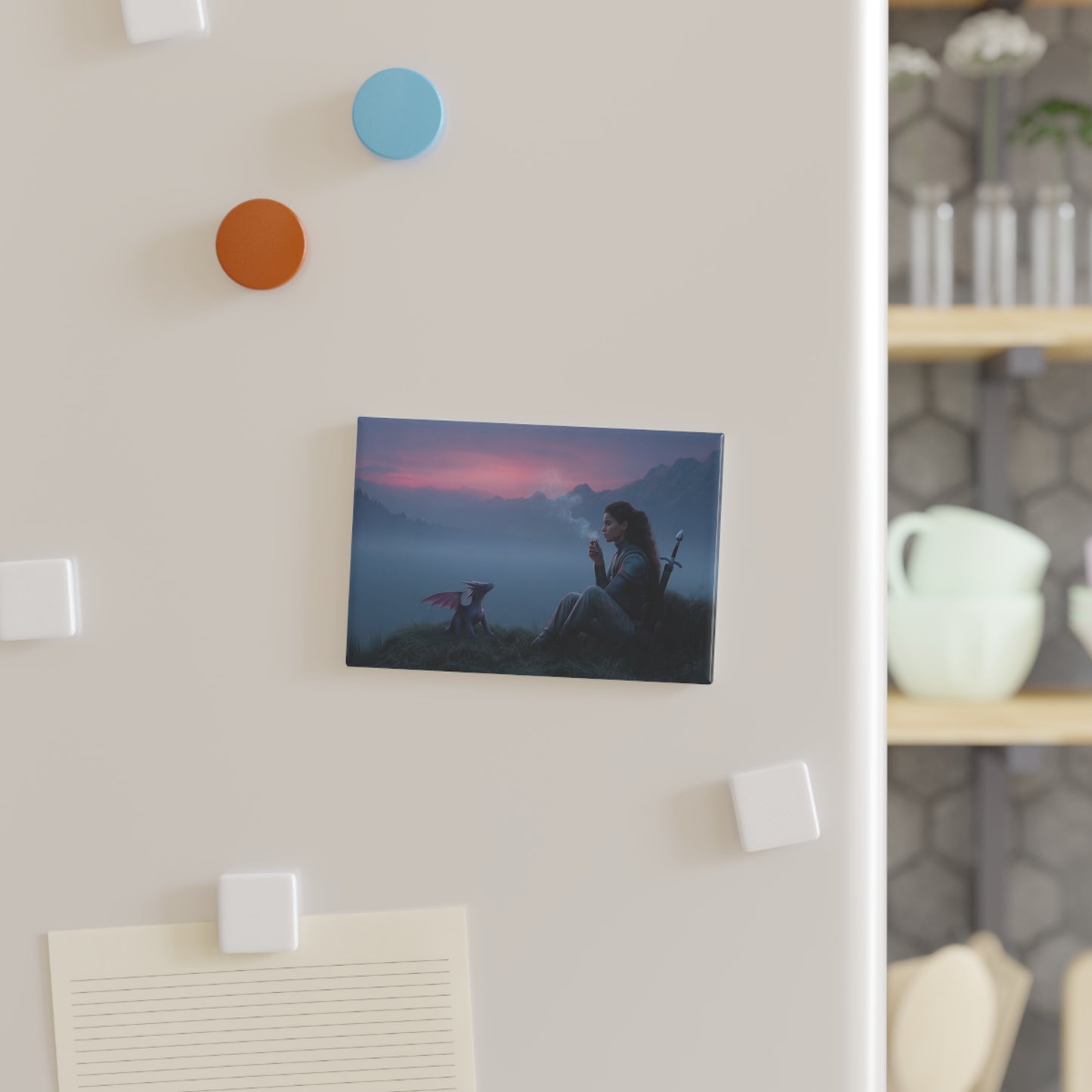 Warrior and Dragon Sunset Magnet – Quiet Alliance on Misty Peaks