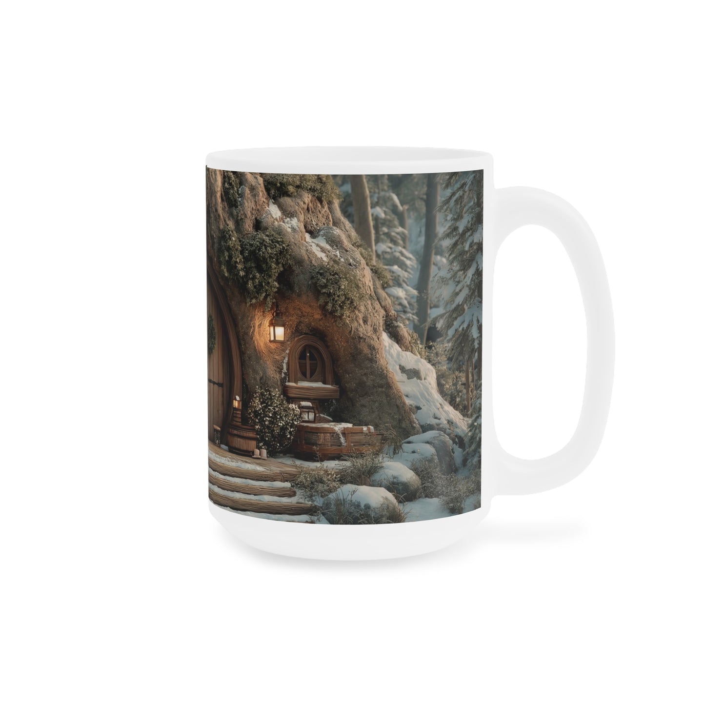 Winter Hollow Treehouse Mug – Warm Hearth Glow in Snow