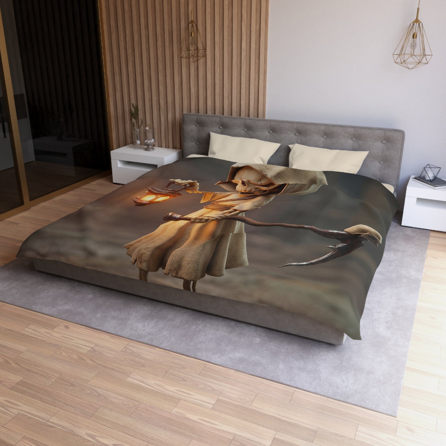 Lantern-Bearing Reaper Microfiber Duvet Cover – Warm Light Through the Veil