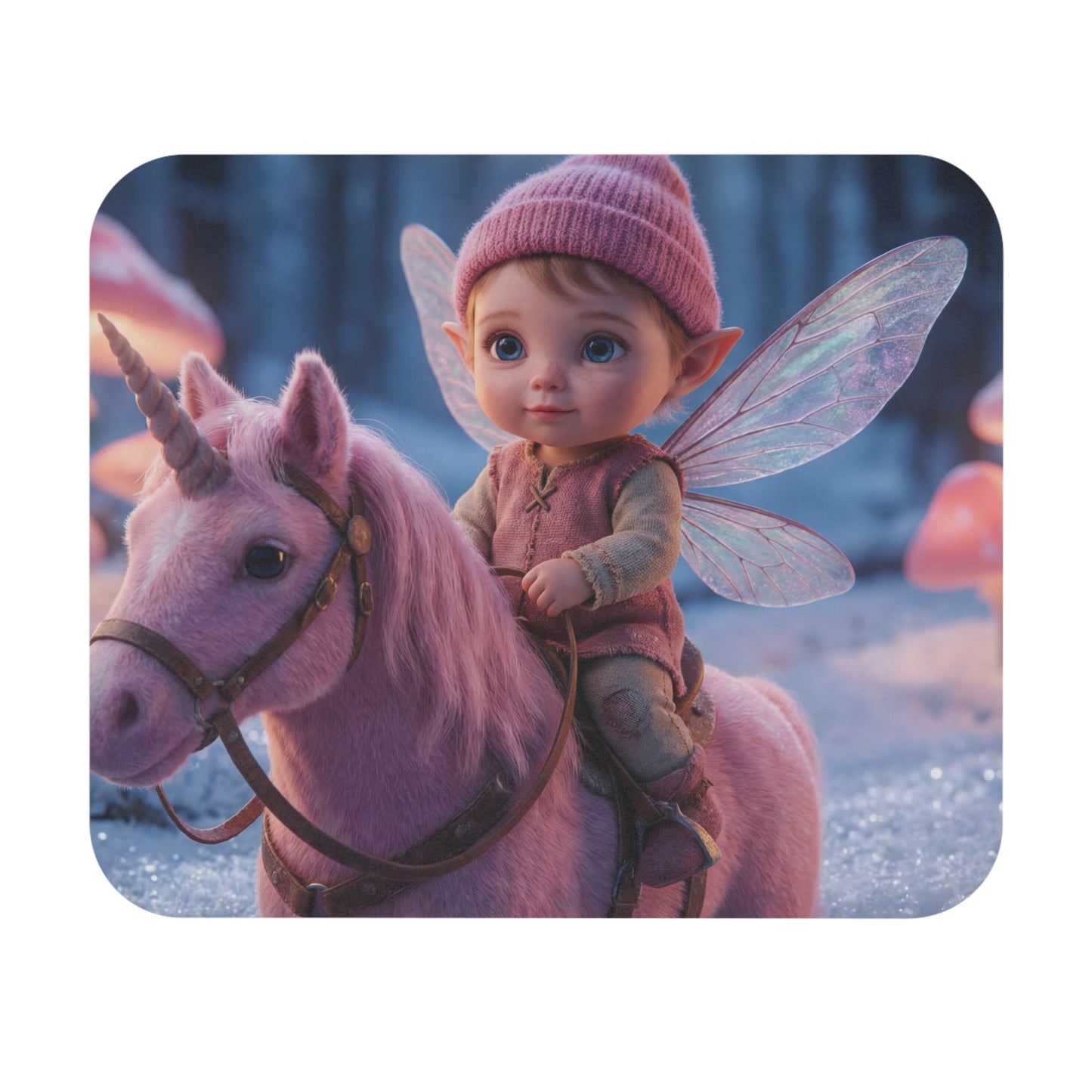 Pink Unicorn Rider Mouse Pad – Winter Forest Whimsy