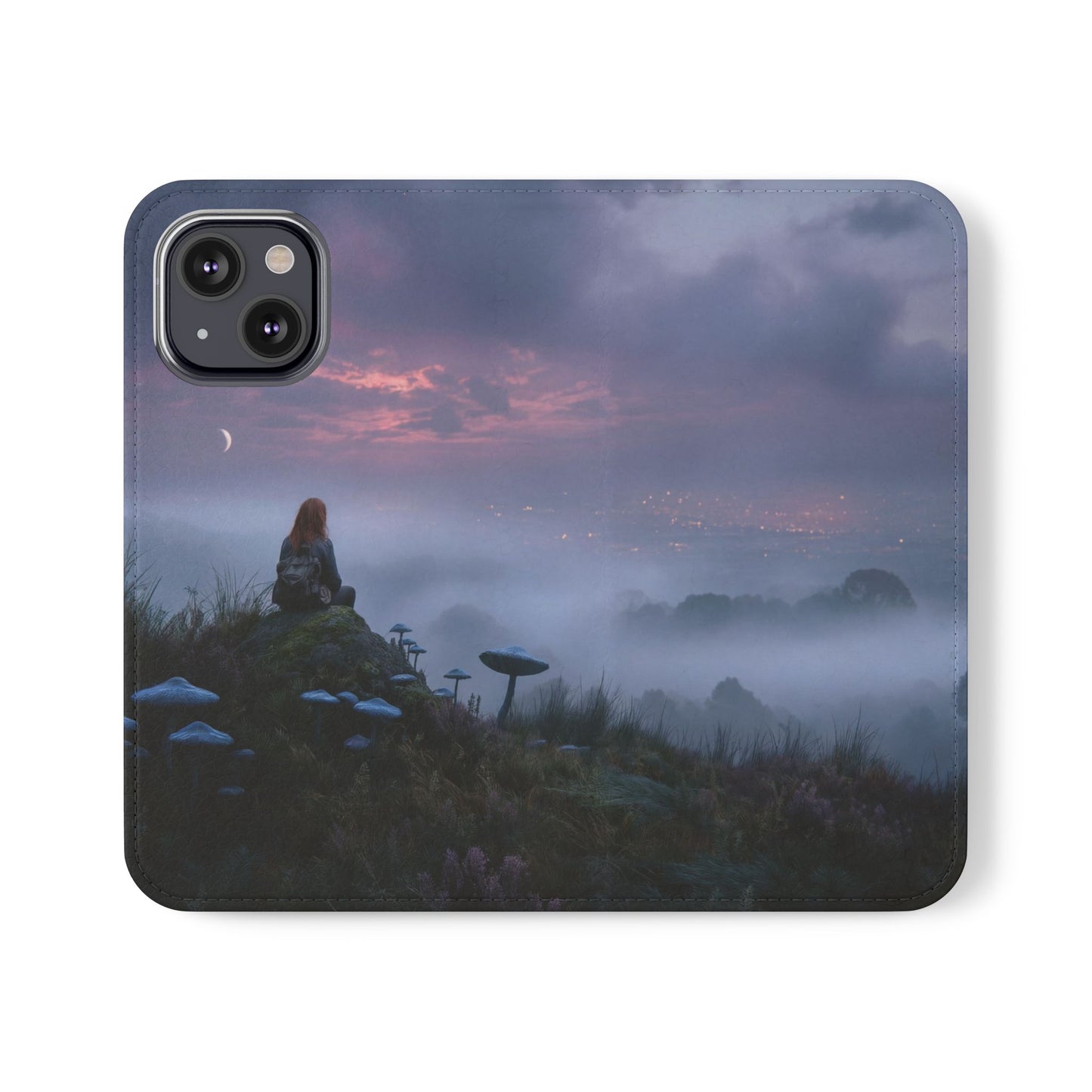 Misty Hilltop Flip Cases – Red-Haired Wanderer at Twilight
