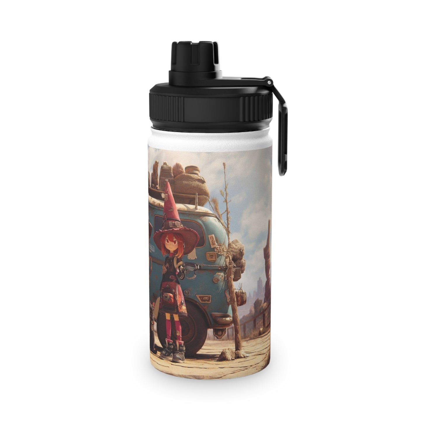 Witch Trio Roadtrip Stainless Steel Water Bottle, Sports Lid – Dusty Desert Spellbound
