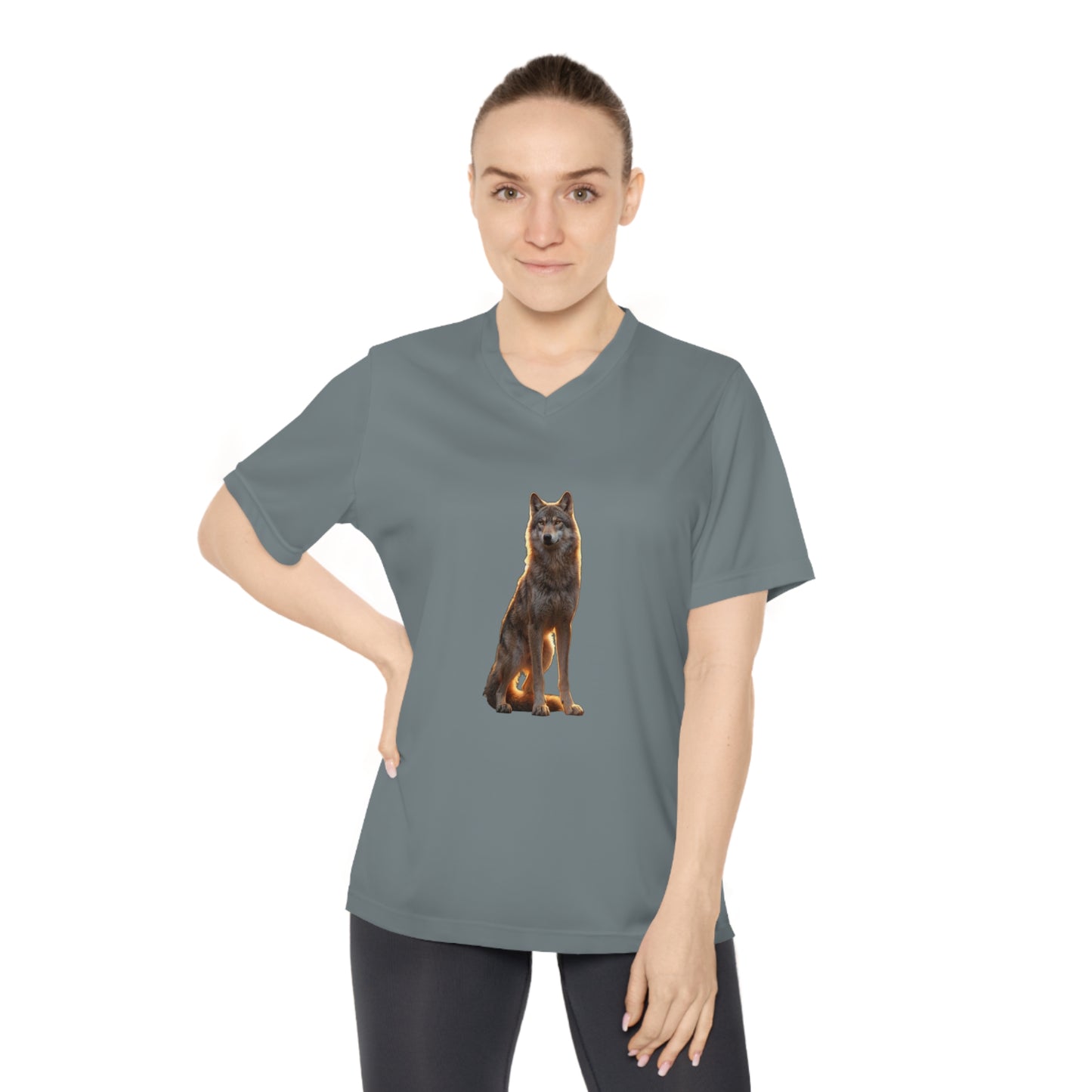 Golden Sentinel Wolf Women's Performance V-Neck T-Shirt – Amber Glow on Black