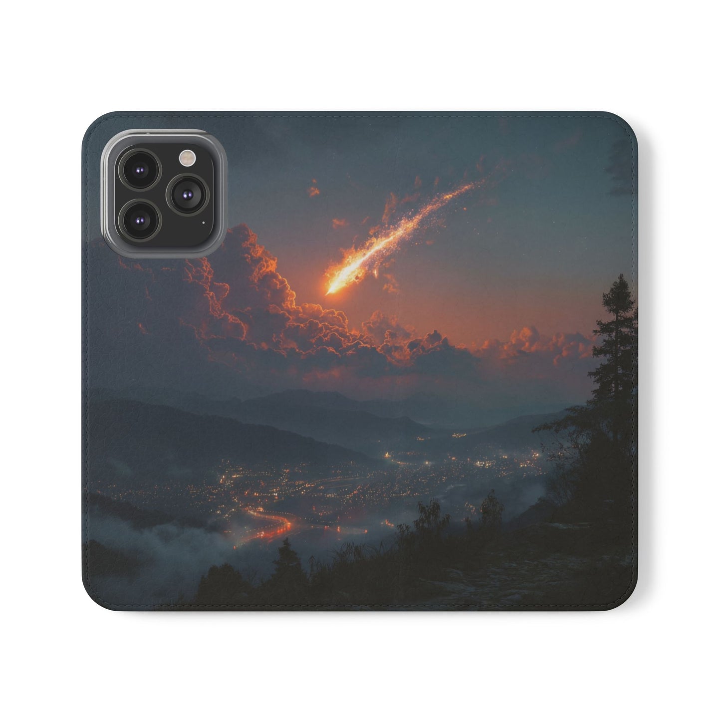 Meteor Over Valley Flip Cases – Crimson Sky Sentinel Cover