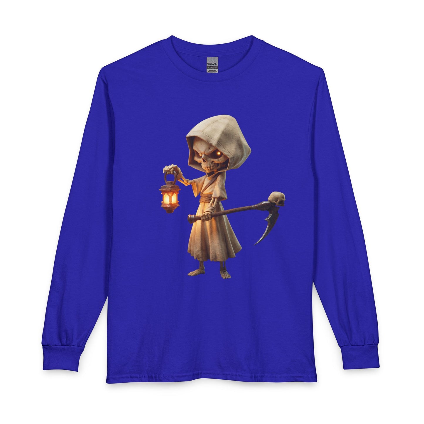Lantern-Bearing Skeletal Guardian Unisex Long Sleeve T-Shirt – Warm Glow Against Black Canvas