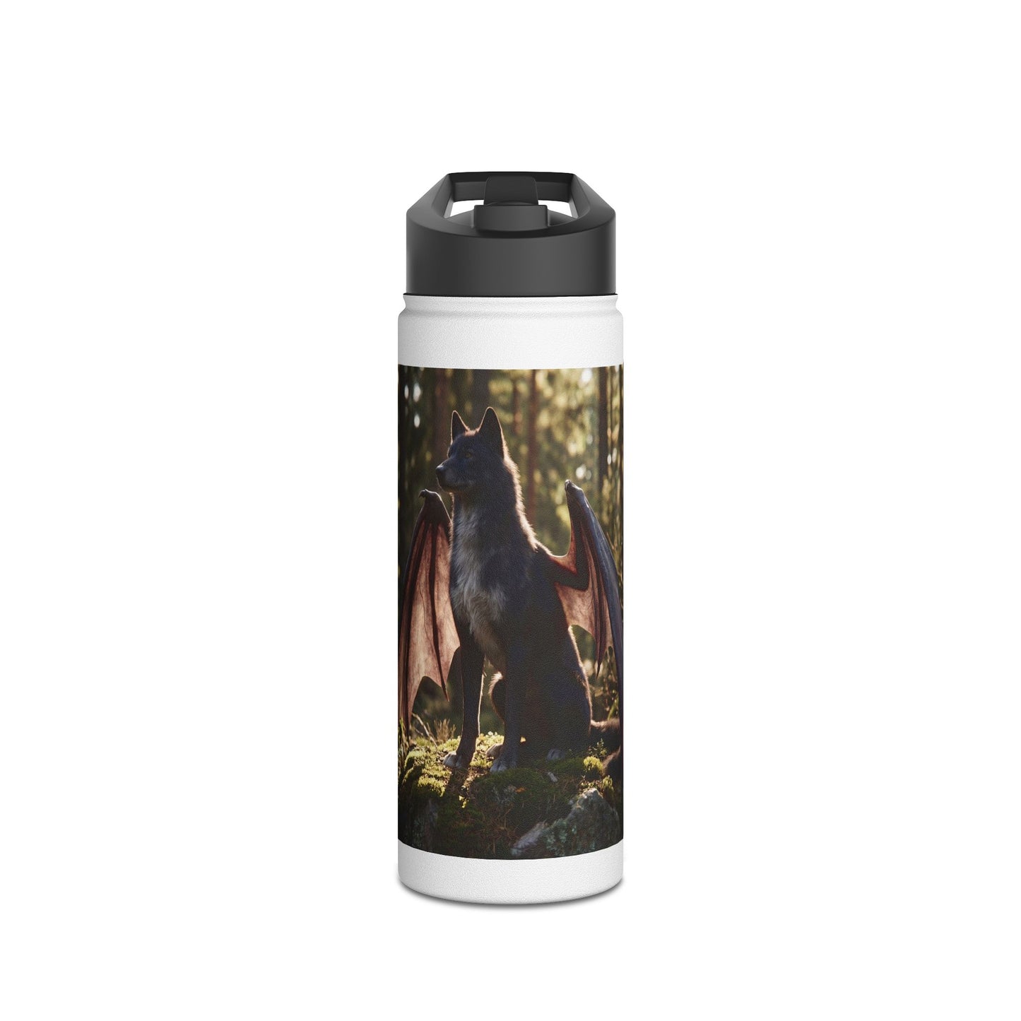 Winged Wolf in Sunlit Grove Stainless Steel Water Bottle, Standard Lid – Guardian of the Mossy Pines