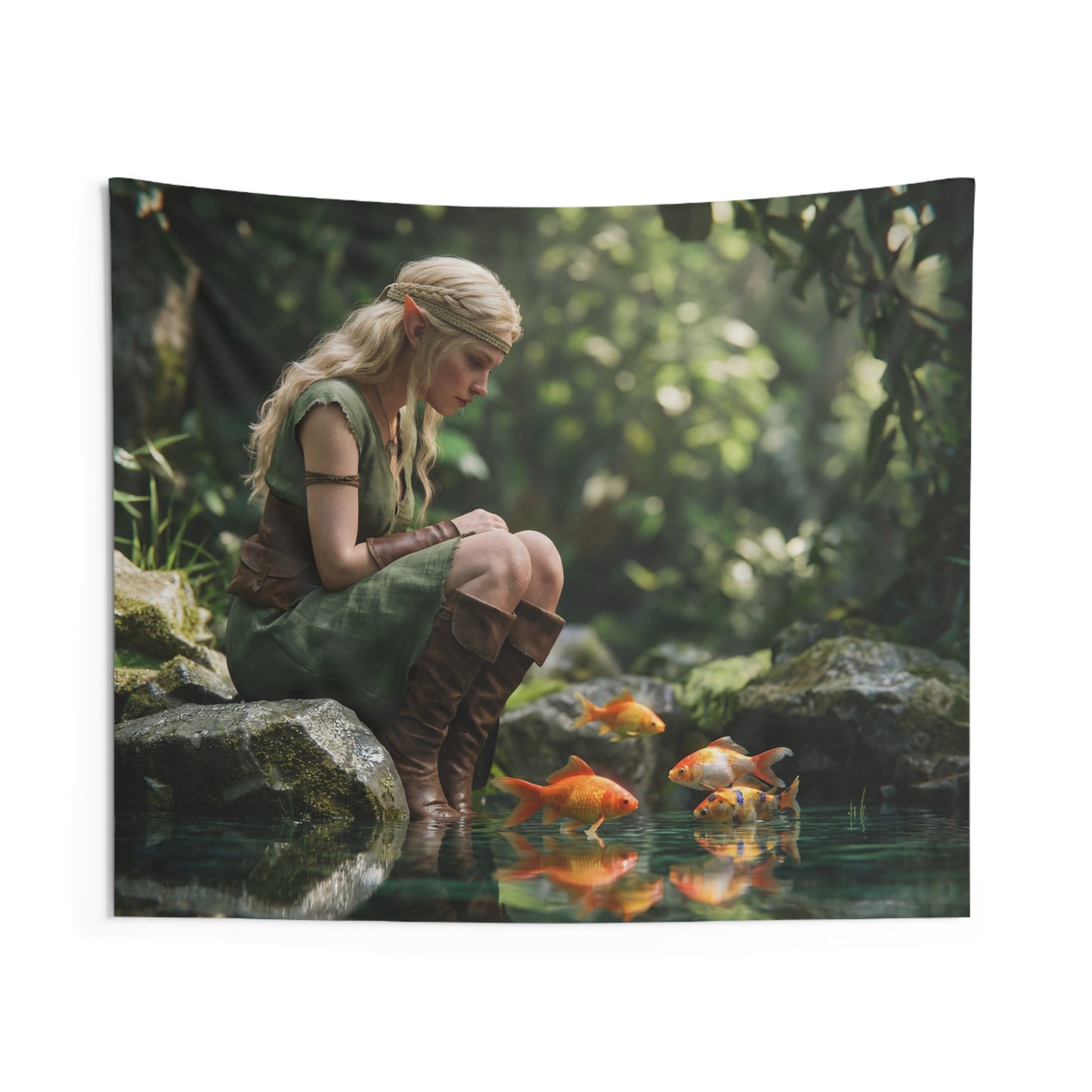 Elven Forest Companion Indoor Wall Tapestries – Golden Fish Reflections in Sunlit Glade