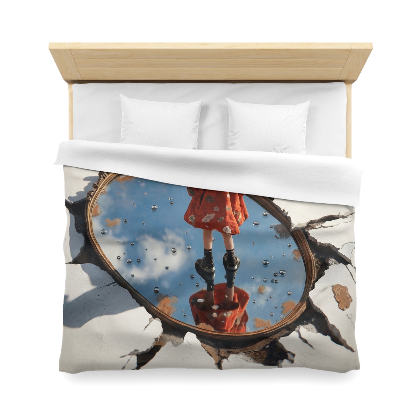 Girl Standing in Broken Mirror Duvet Cover – Sky Reflections and Sunlit Cracks