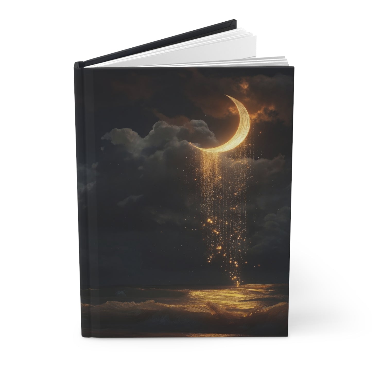 Celestial Moonfall Hardcover Journal Matte – Golden Stars Drenching the Tide