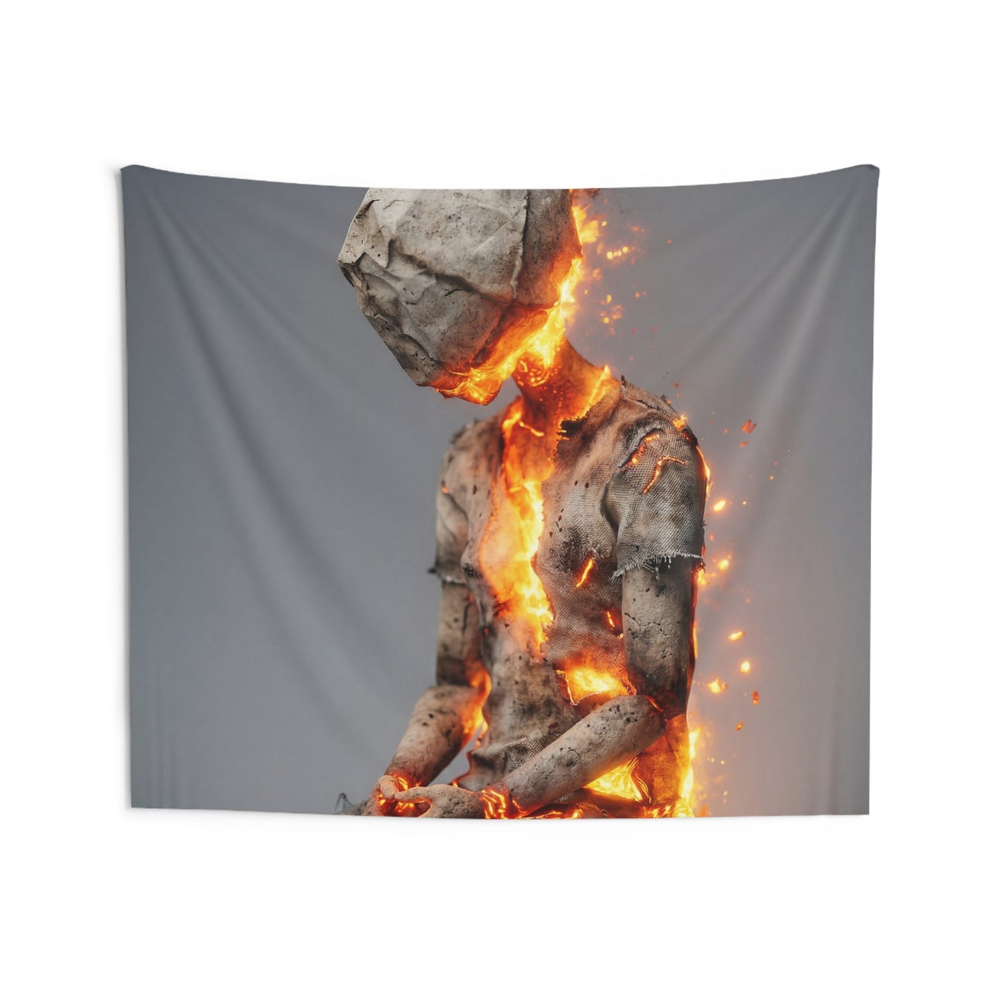 Fiery Awakening Indoor Wall Tapestries – Crumpled Paper Figure Igniting in Stillness