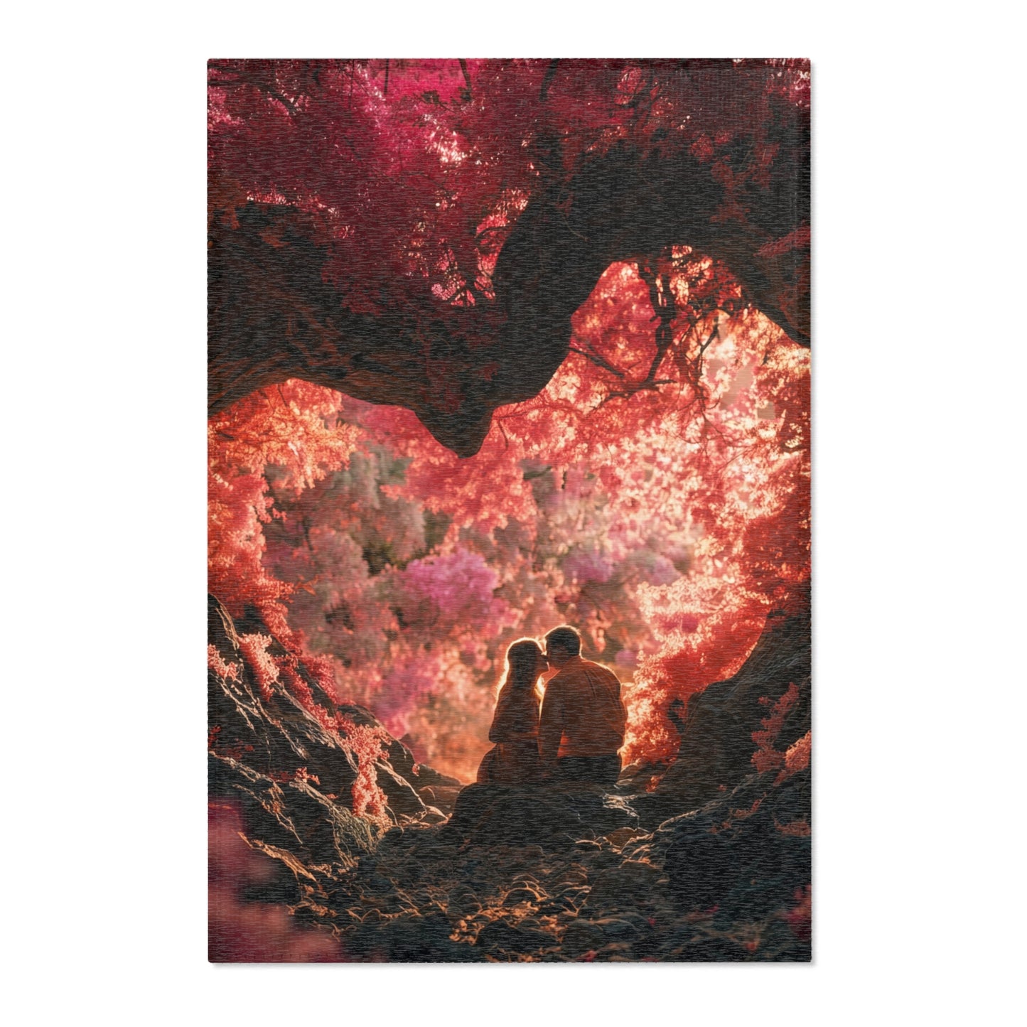 Crimson Canopy Love Rug – Sunset Embrace Under Whispering Trees