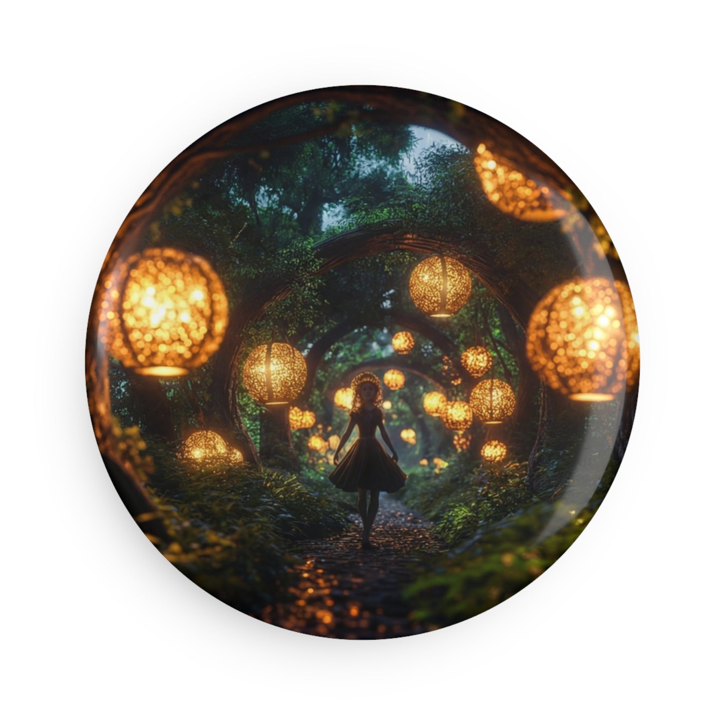 Luminous Forest Path Button Magnet, Round (1 & 10 pcs) – Warm Lanterns Guide Through Twilight