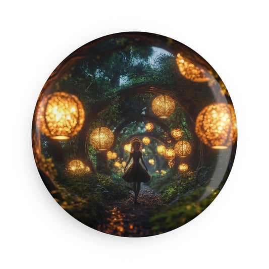 Luminous Forest Path Button Magnet, Round (1 & 10 pcs) – Warm Lanterns Guide Through Twilight