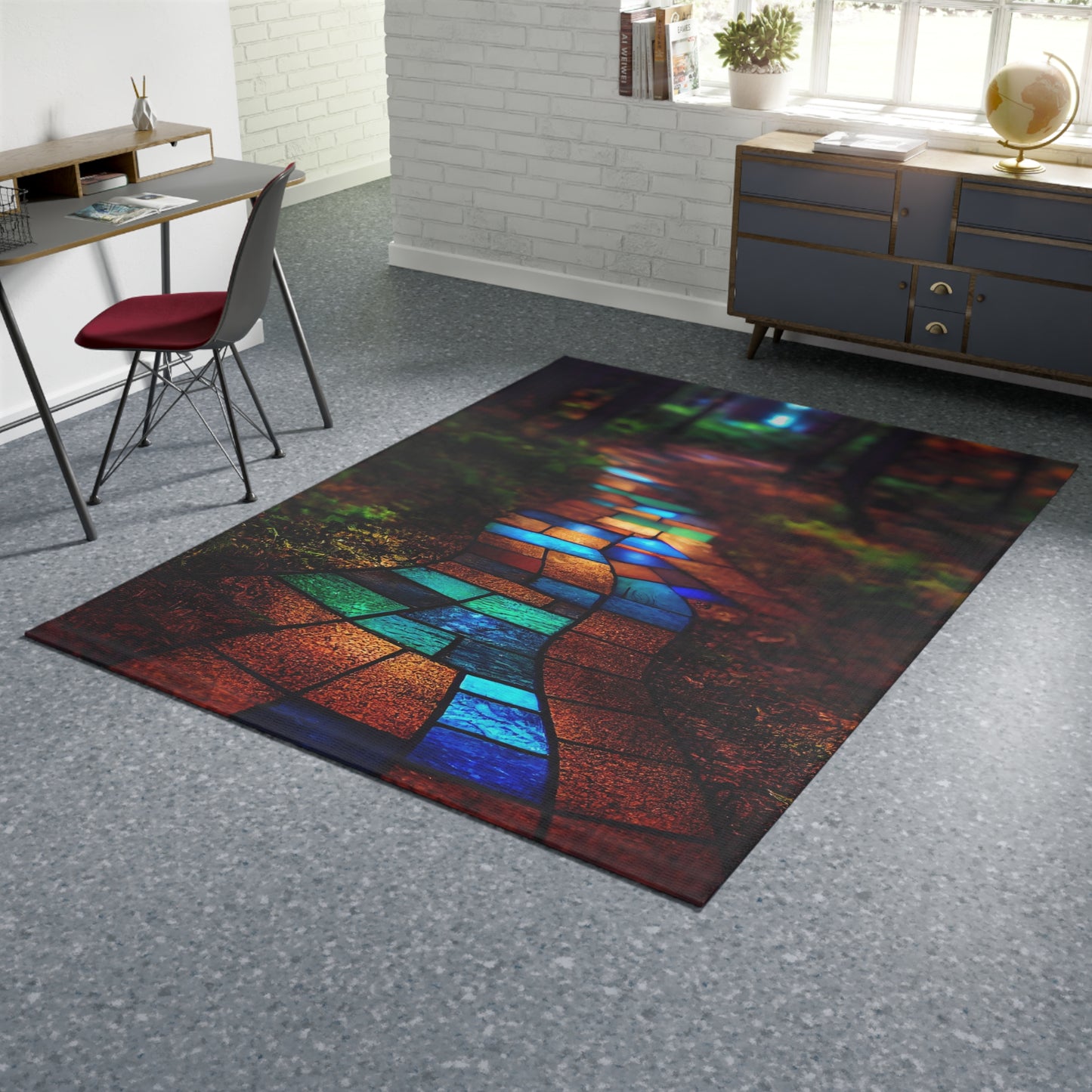 a path paved with stained glass winding through the forest. The path is made of beautiful brightly colored blue green red bronze luminous glass, high quality photograph - Dobby Rug