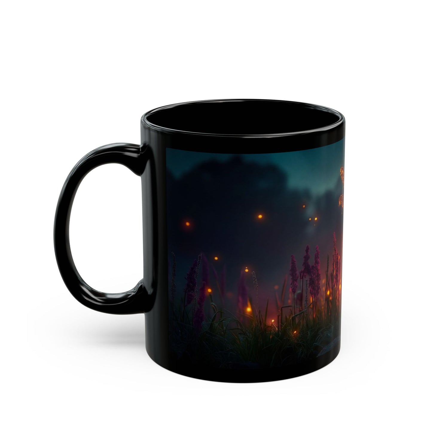 Glowing Dragonfly Black Mug – Twilight Meadow Dreamscape