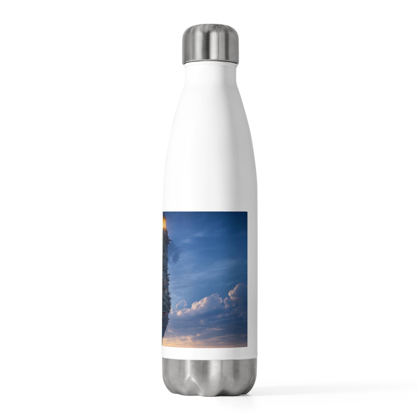 Skyborne Lighthouse Bottle – Warm Glow Against Dusk Horizon