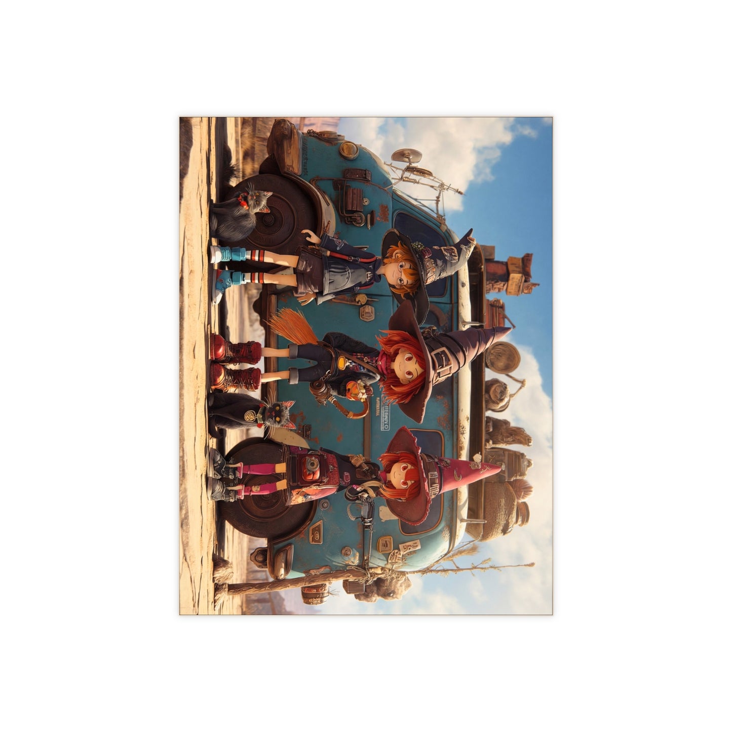 Witch Roadtrip Trio Ceramic Photo Tile – Dusty Desert Magic on a Vintage Van