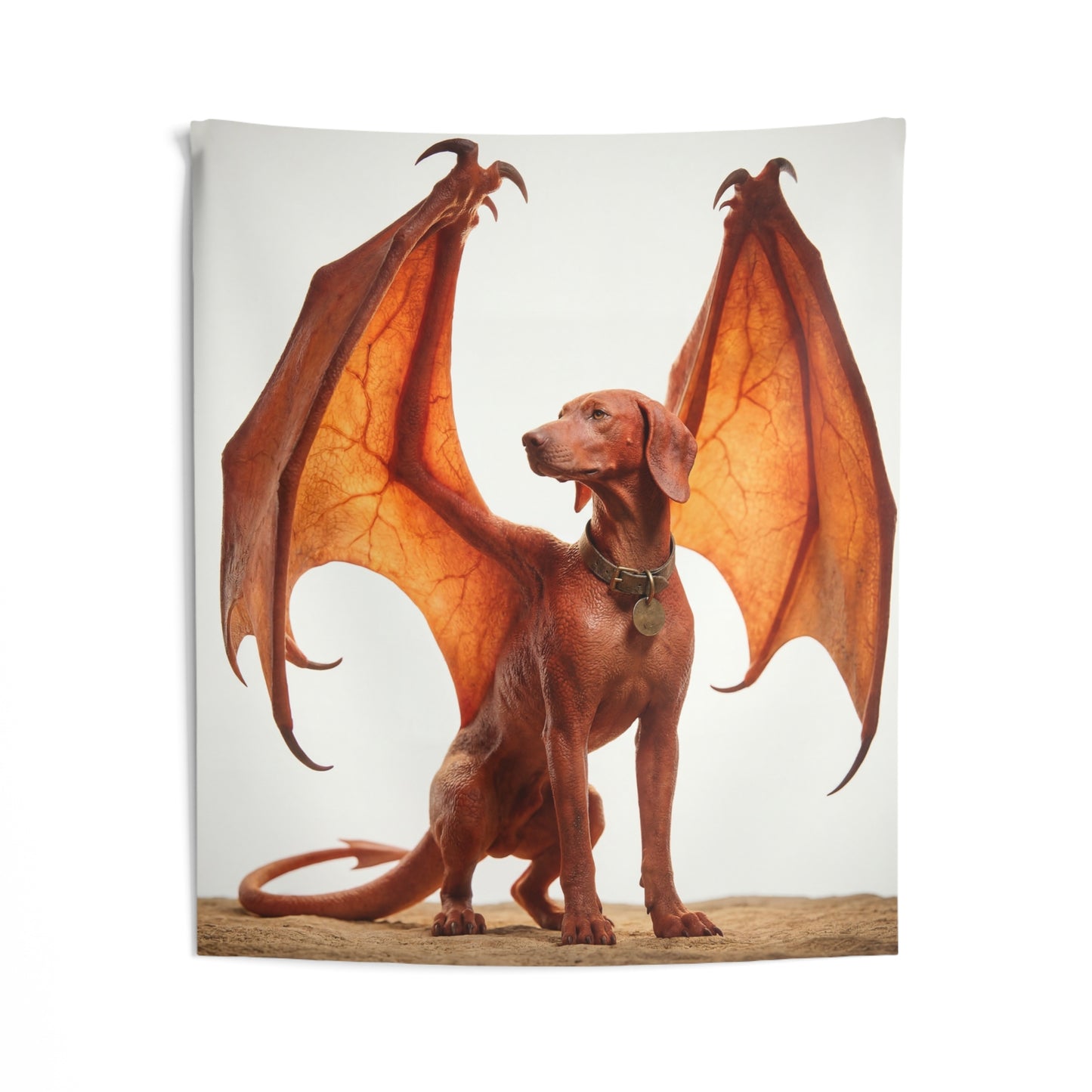 Winged Canine Sentinel Indoor Wall Tapestries – Amber Glow Against Soft Sky