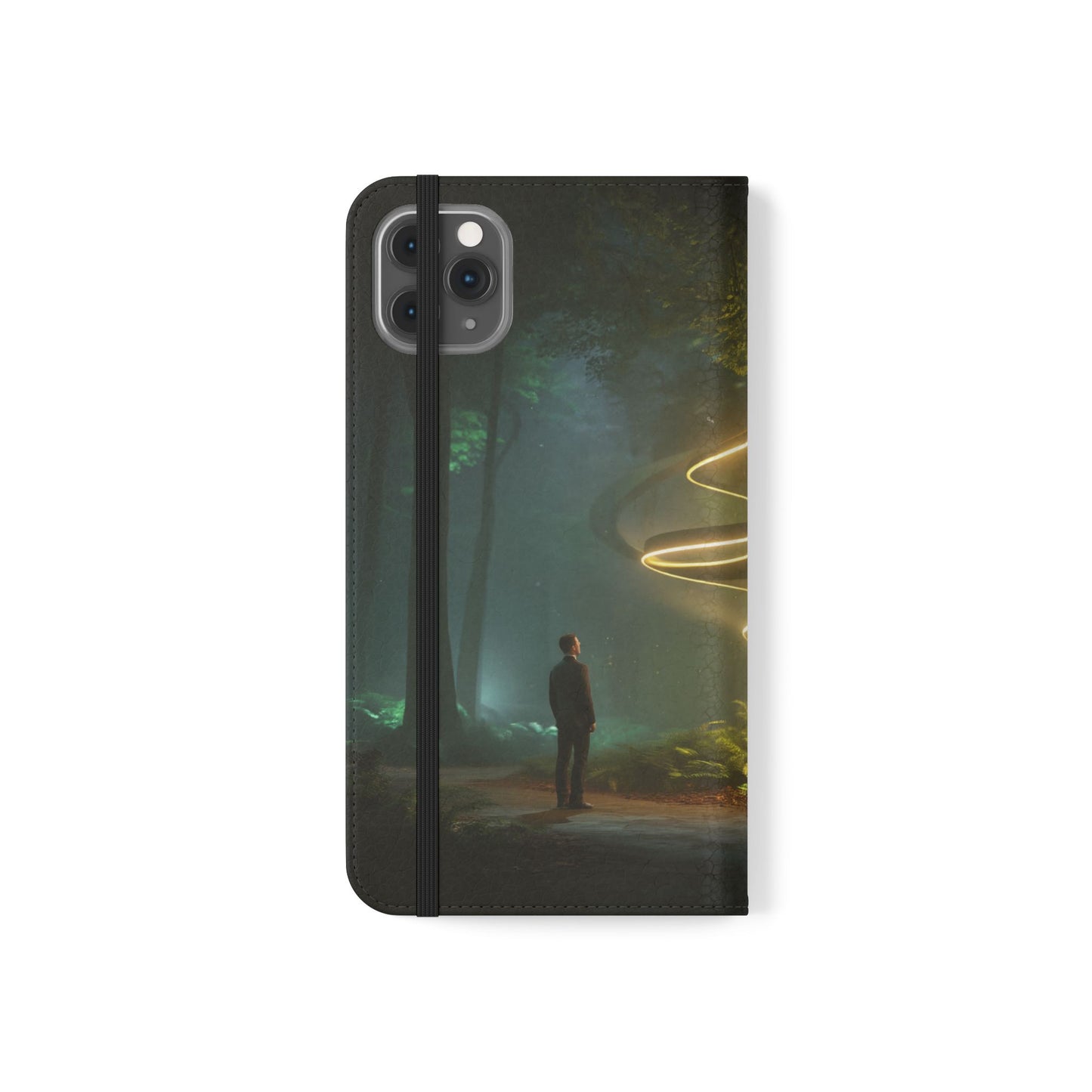 Luminous Spiral Forest Flip Cases – Golden Light Rings Mystery Scene