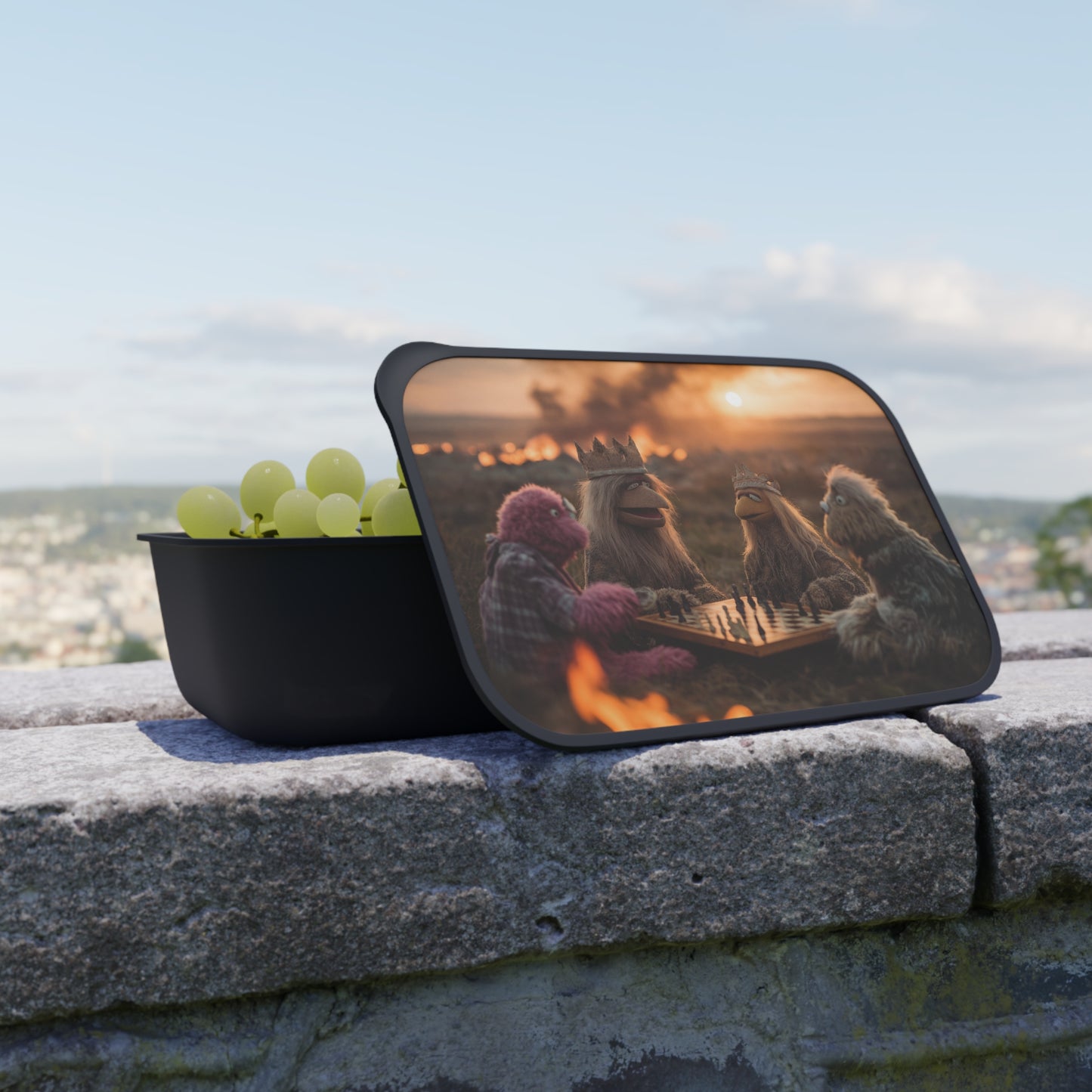 Kings of the Sunset Chess Match PLA Bento Box with Band and Utensils – Warm Ember Afternoon