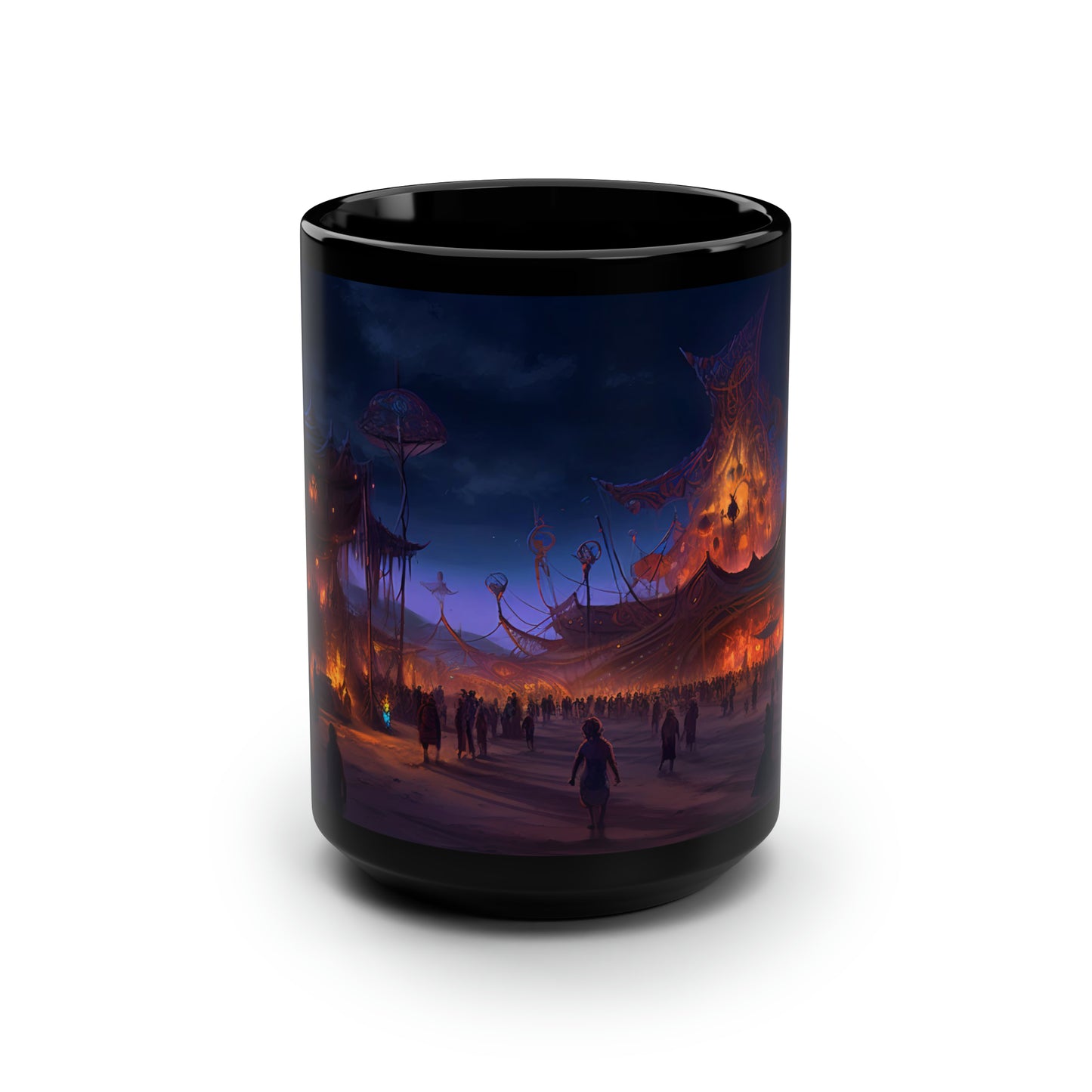 Digital painting of an awe-inspiring night scene at Burning Man, showcasing epic and intricate art installations -  Mug, Black