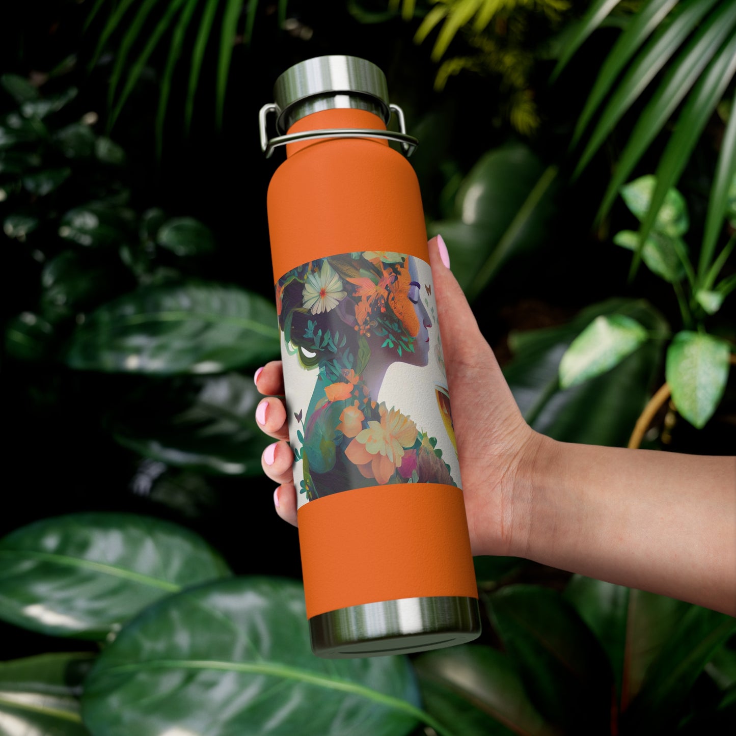 character design, double exposure shot, front profile of a beautiful tea faerie filled with a blooming amazonian jungle, happiness - Copper Vacuum Insulated Bottle, 22oz