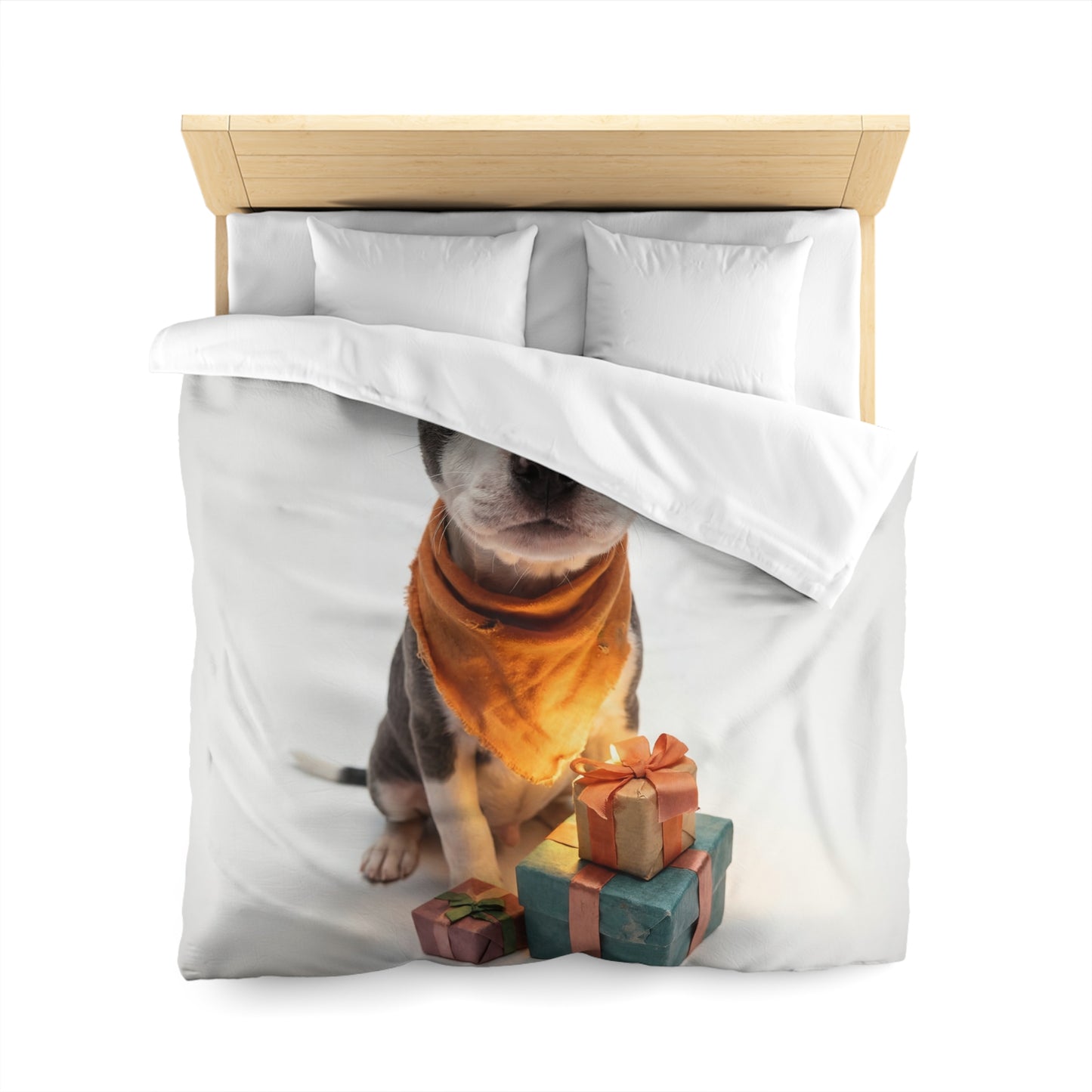 Gift-Wrapped Puppy Microfiber Duvet Cover – Warm Orange Accents on Soft White