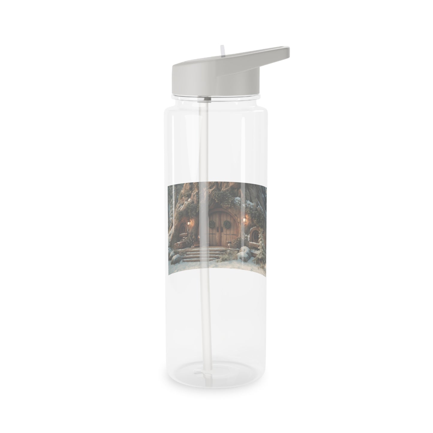 Frost-Touched Hobbit Door Tritan Water Bottle – Snowy Woodland Hearth Scene